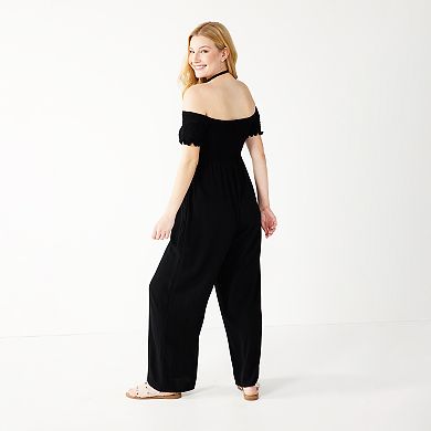 Juniors' Rewind Smocked Off-The-Shoulder Jumpsuit