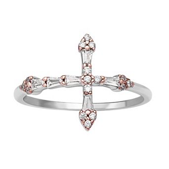 PRIMROSE Two Tone Sterling Silver Cubic Zirconia Baguette Sideways Cross Ring