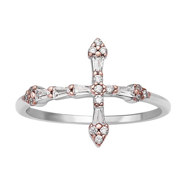 PRIMROSE Two Tone Sterling Silver Cubic Zirconia Baguette Sideways