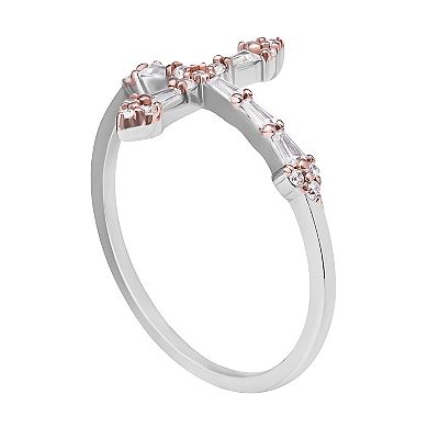 PRIMROSE Two Tone Sterling Silver Cubic Zirconia Baguette Sideways Cross Ring