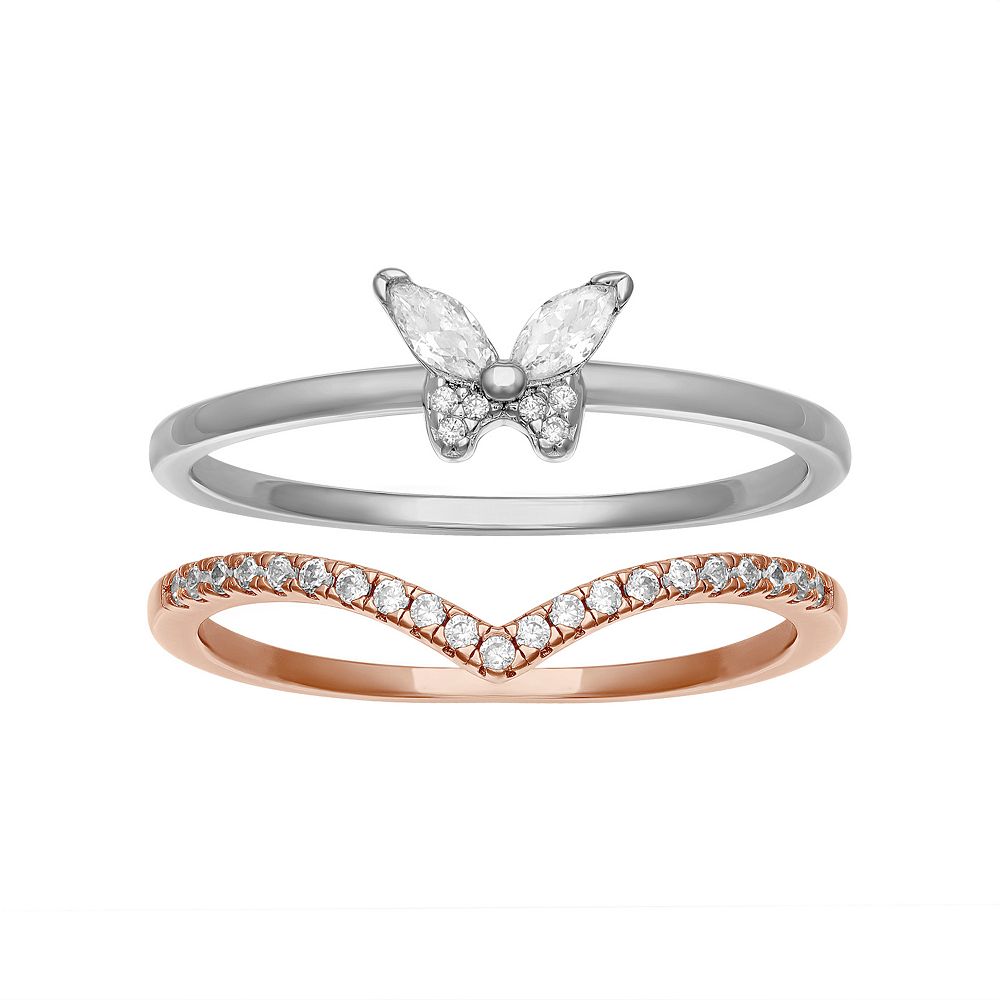 PRIMROSE Two Tone Sterling Silver Cubic Zirconia Butterfly & V-Shape ...