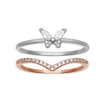 PRIMROSE Two Tone Sterling Silver Cubic Zirconia Butterfly & V-Shape Duo Ring Set