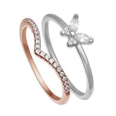 PRIMROSE Two Tone Sterling Silver Cubic Zirconia Butterfly & V-Shape Duo Ring Set