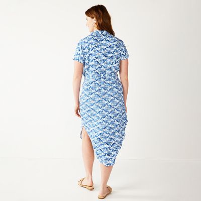 knee length dresses for ladies Puff Sleeve Cotton Printed Midi Shirt Dress | Fit and Flare