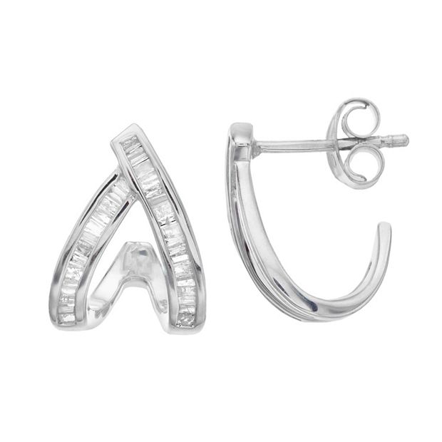 1/2 Carat T.W. Baguette-Cut Diamond & Sterling Silver Double C-Hoop Earrings, Women's, White