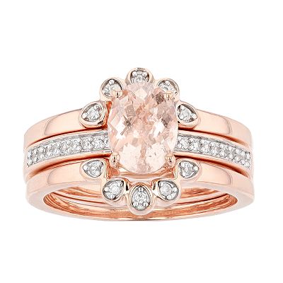14k Rose Gold Over Silver Oval Morganite White Zircon Trio Ring Set