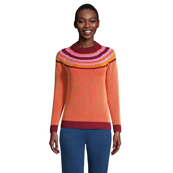 Petite Lands' End Striped Yoke Cotton Drifter Shaker Doubled Crewneck  Sweater