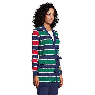 Petite Lands' End Stripe Fine Gauge Cotton Cable Tie Front Cardigan Sweater
