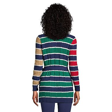 Petite Lands' End Stripe Fine Gauge Cotton Cable Tie Front Cardigan Sweater
