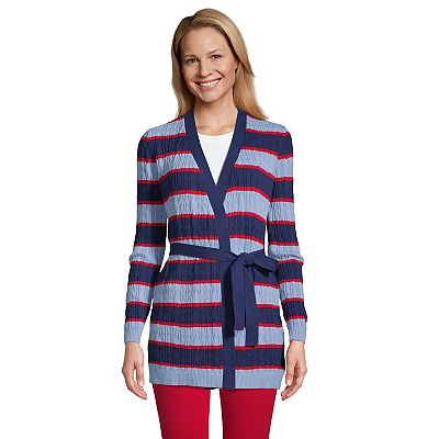 Petite Lands End Stripe Fine Gauge Cotton Cable Belted Cardigan Sweater