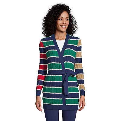 Women s Petite Fine Gauge Cotton Cable Tie Front Cardigan Sweater Stripe Lands End Blue XL