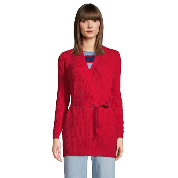 Petite Lands' End Fine Gauge Cotton Cable Belted Cardigan Sweater