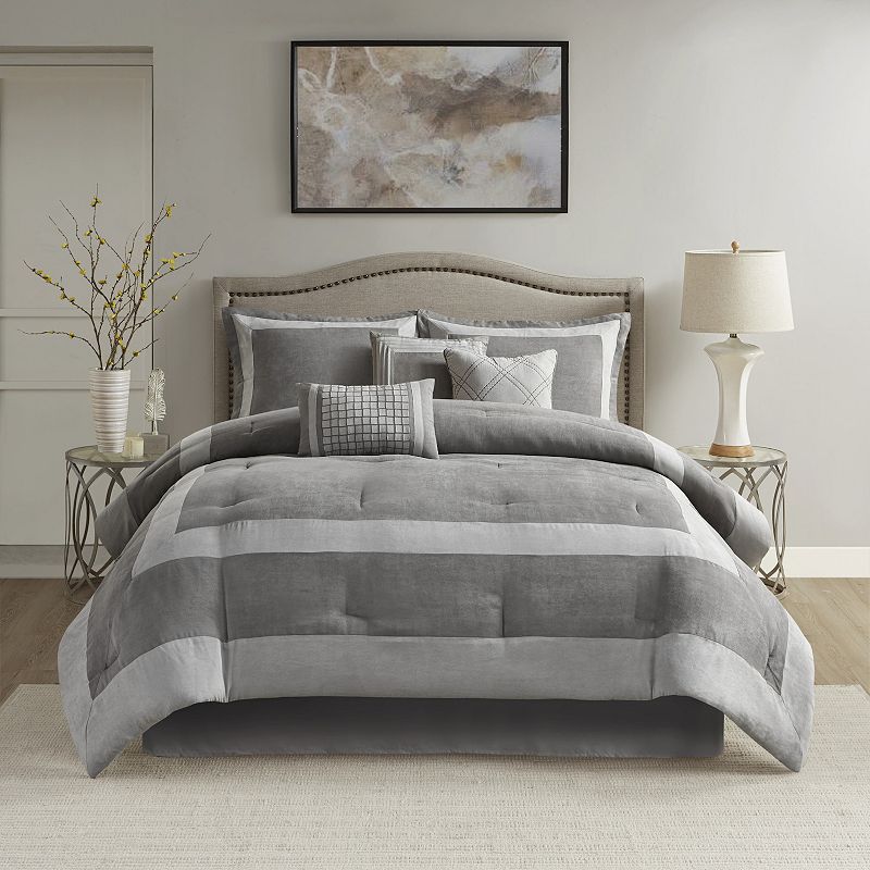 Madison Park William 7-Piece Faux Suede Comforter Set with Shams, Grey, Kin