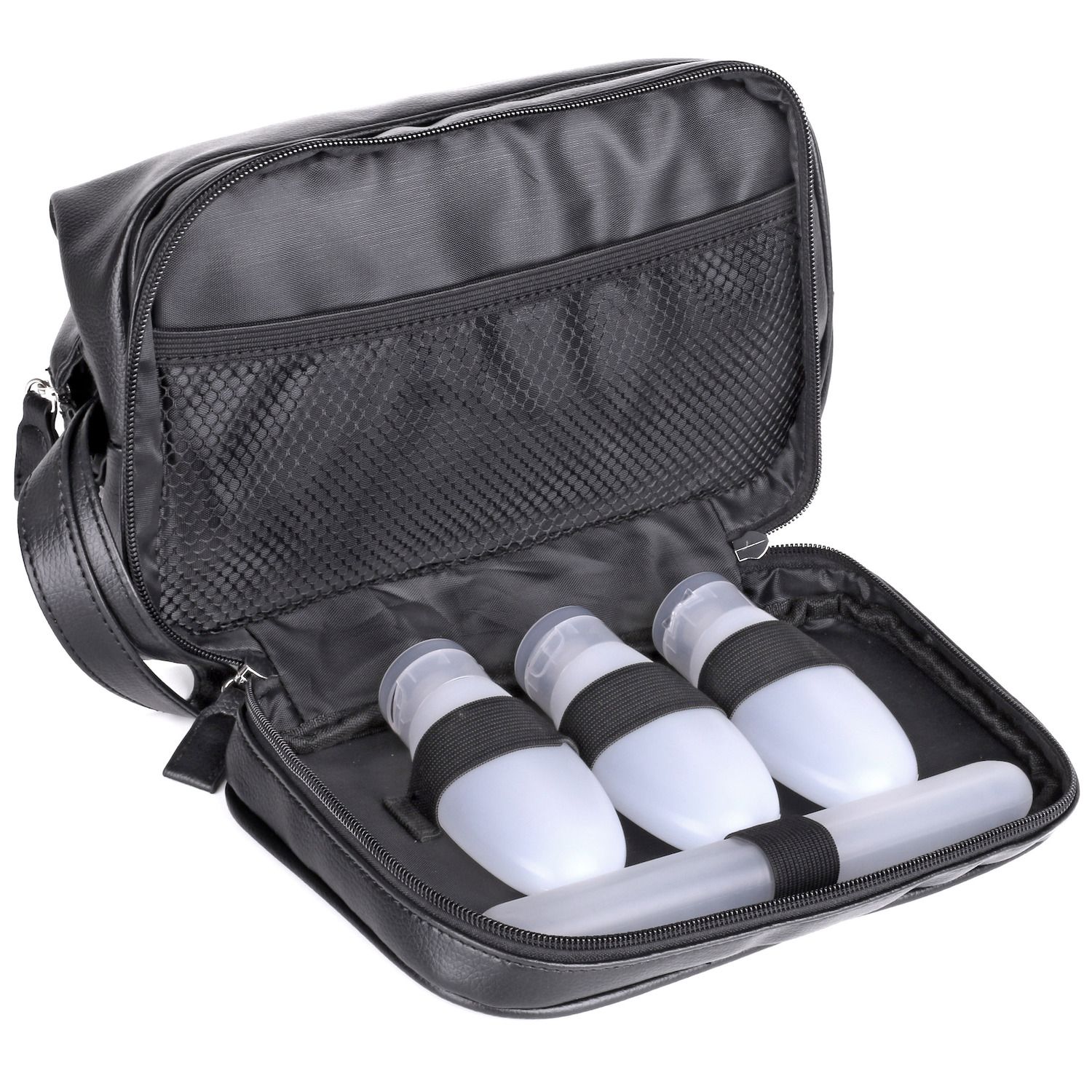 Clear travel-sized toiletry container allow for easy packing and quicker time through security.