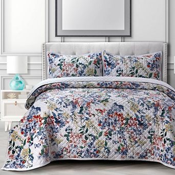 Azores Home Floris Printed Oversized Velvet Quilt Set with Shams