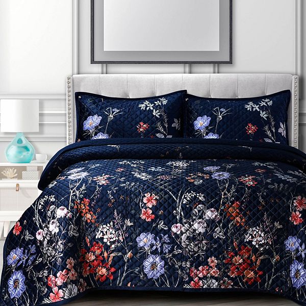 Azores Home Amal Printed Oversized Velvet Quilt Set with Shams