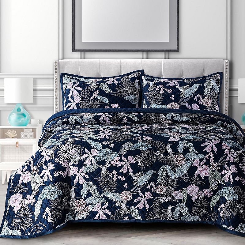 Azores Home Pariza Printed Oversized Velvet Quilt Set with Shams, Blue, Kin