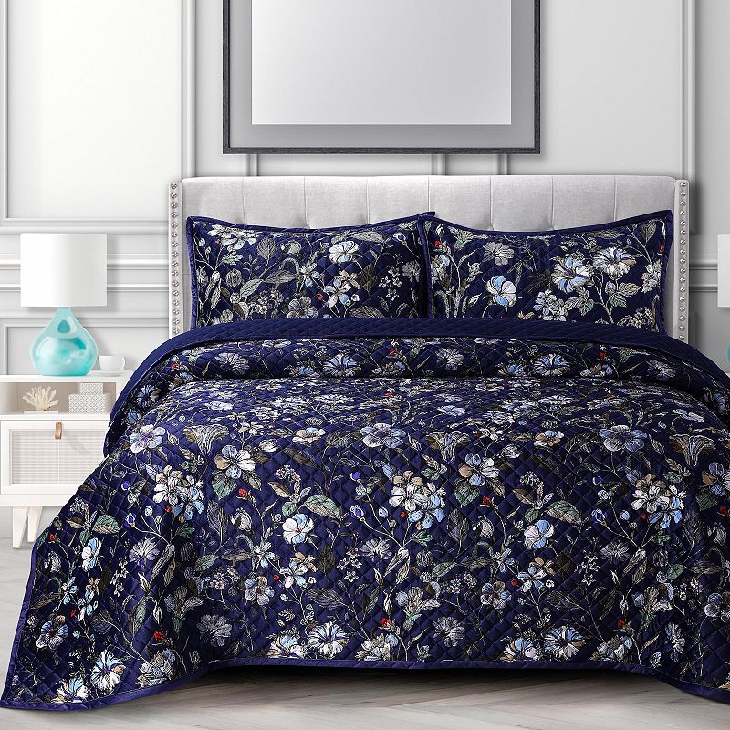 Azores Home Amara Oversized Velvet Quilt Set with Shams Indigo, Dark Blue, 