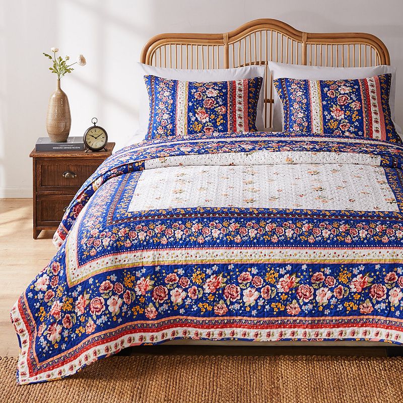 Greenland Home Fashions Marsha Quilt Set with Shams, Blue, Full/Queen