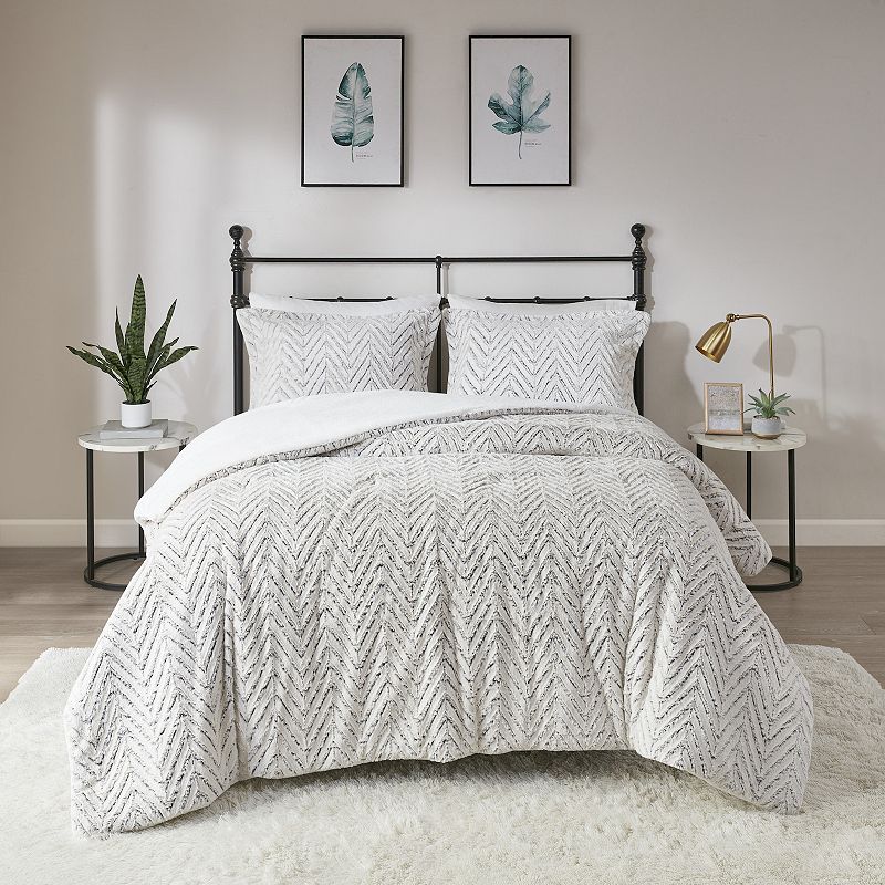 Madison Park Adelyn Back Print Brushed Faux Fur Duvet Cover Set with Shams,