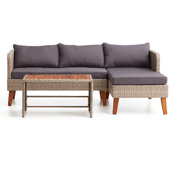 Lucid Dream Collection Outdoor Wicker Sectional Couch & Coffee Table 2-piece Set - Tan Gray