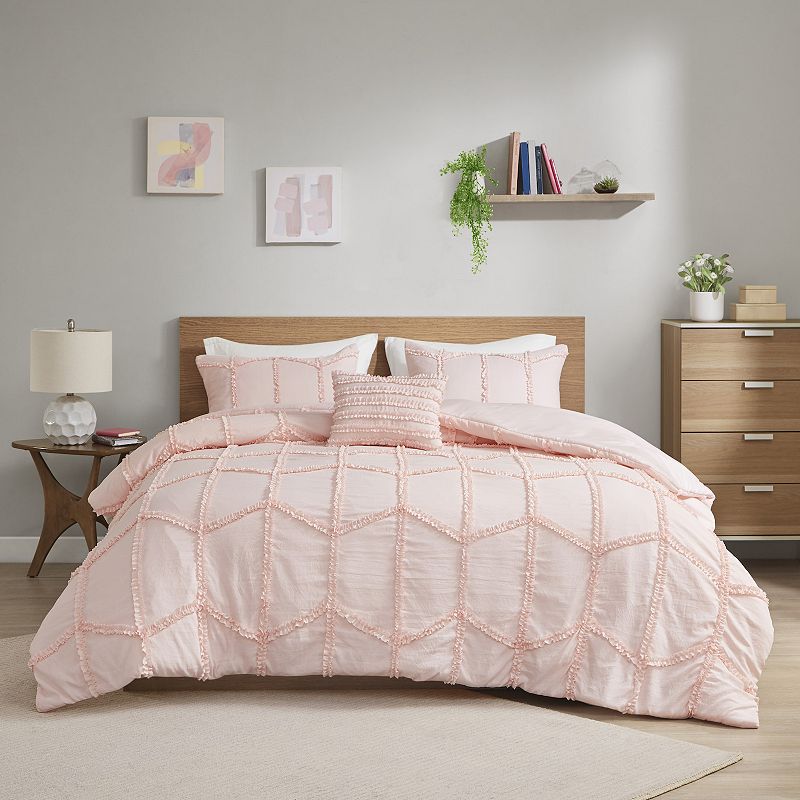 Intelligent Design Nadine Ruffle Comforter Set with Throw Pillow, Pink, Ful
