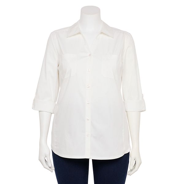 Plus Size Croft & Barrow® Knit-To-Fit Roll Tab Sleeve Shirt