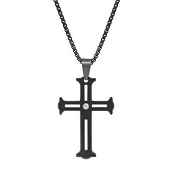 LYNX Men's Black Ion-Plated Tungsten Cross Pendant with Cubic Zirconia Accent