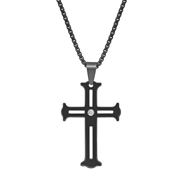 LYNX Men's Black Ion-Plated Tungsten Cross Pendant with Cubic Zirconia ...