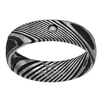 LYNX Men's Damascus Steel Black Ion-Plated Cubic Zirconia Ring