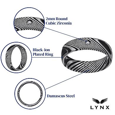 LYNX Men's Damascus Steel Black Ion-Plated Cubic Zirconia Ring