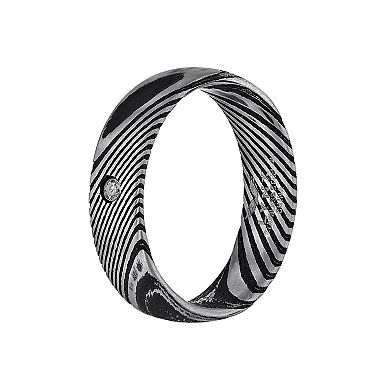 LYNX Men's Damascus Steel Black Ion-Plated Cubic Zirconia Ring