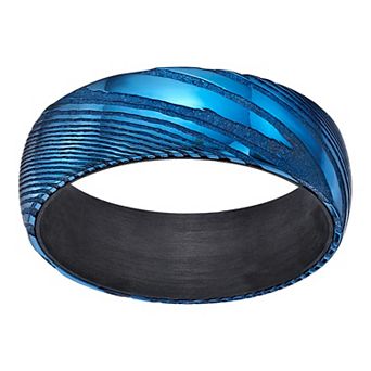 Men's LYNX Damascus Steel Blue Ion Plated Carbon Fiber Sleeve Ring