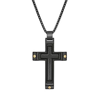 LYNX Men's Black Ion-Plated Stainless Steel Cross Necklace with Carbon Fiber Inlay