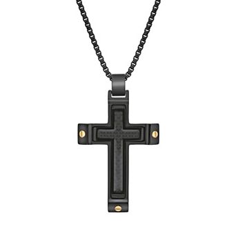 LYNX Men's Black Ion-Plated Stainless Steel Cross Necklace with Carbon Fiber Inlay