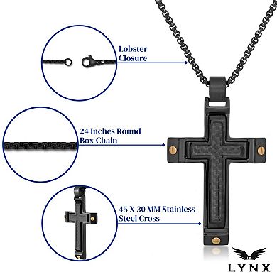 LYNX Men's Black Ion-Plated Stainless Steel Cross Necklace with Carbon Fiber Inlay