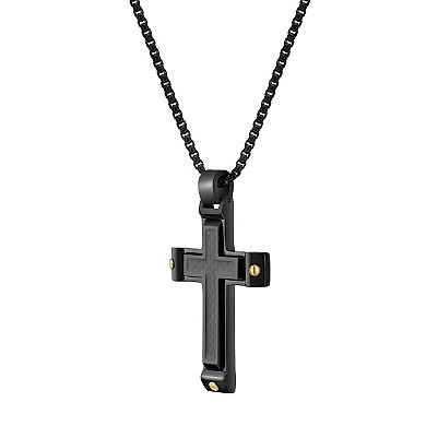 LYNX Men's Black Ion-Plated Stainless Steel Cross Necklace with Carbon Fiber Inlay