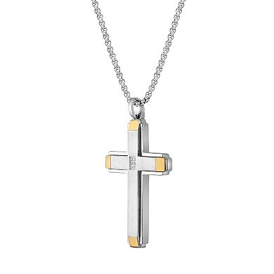 LYNX Men's Two Tone Stainless Steel Cubic Zirconia Cross Necklace