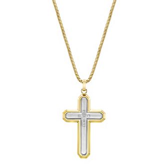 LYNX Men's Two Tone Stainless Steel Diamond Accent Cross Pendant Necklace