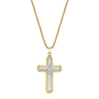 LYNX Men's Two Tone Stainless Steel Diamond Accent Cross Pendant Necklace