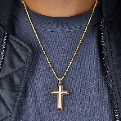 LYNX Men's Two Tone Stainless Steel Diamond Accent Cross Pendant Necklace