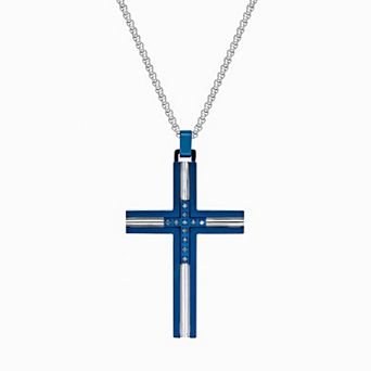 LYNX Men's Blue Ion-Plated Stainless Steel Cross Pendant Necklace with Blue Diamond Accents