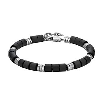 LYNX Men's Stainless Steel and Wood Bead Bracelet