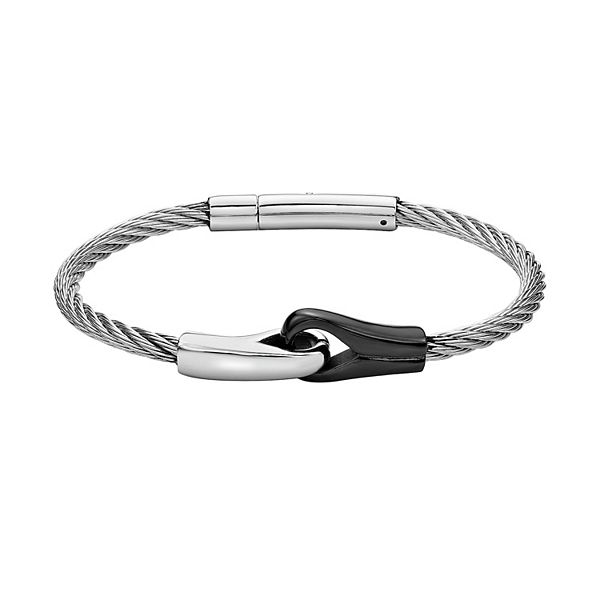 LYNX Men's Stainless Steel Cable Bracelet with Black IonPlated Accent