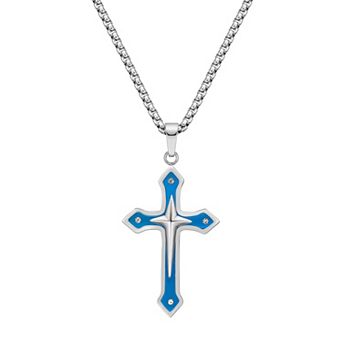 LYNX Men's Blue Ion-Plated Stainless Steel Cross Pendant Necklace