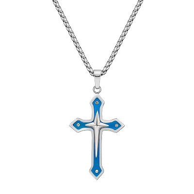 LYNX Men s Blue Ion Plated Stainless Steel Cross Pendant Necklace