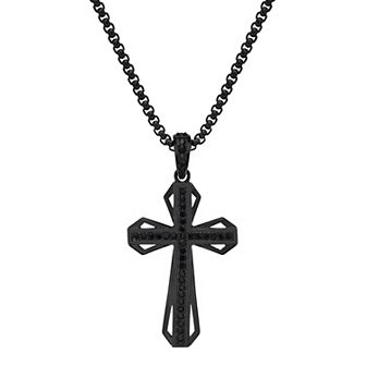 LYNX Men's Black Ion-Plated Stainless Steel Black Cubic Zirconia Cross Pendant Necklace