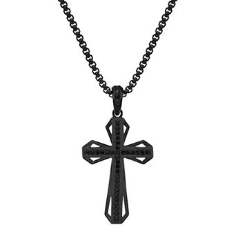 LYNX Men's Black Ion-Plated Stainless Steel Black Cubic Zirconia Cross Pendant Necklace