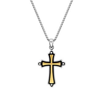 LYNX Men's Tri-Tone Stainless Steel Cross Pendant Necklace