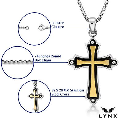 LYNX Men's Tri-Tone Stainless Steel Cross Pendant Necklace